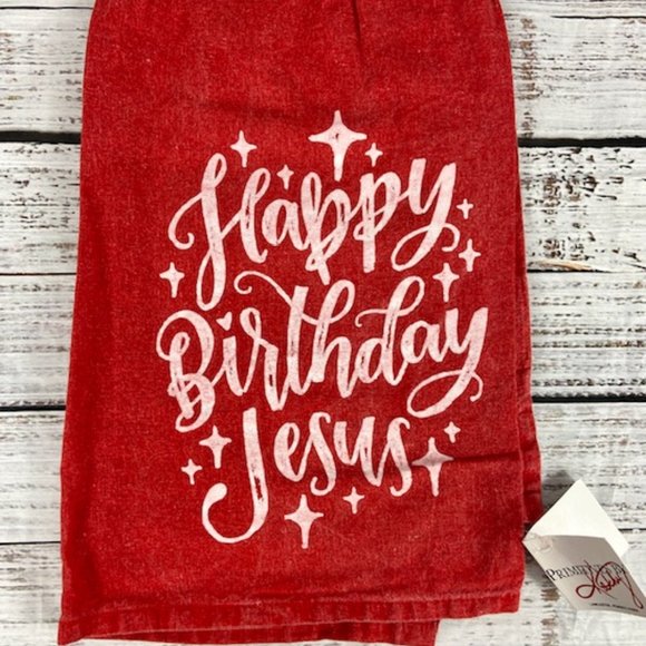 Primitives by Kathy Other - Primitives by Kathy 28 x 28 Cotton Red Christmas Towel Happy Birthday Jesus